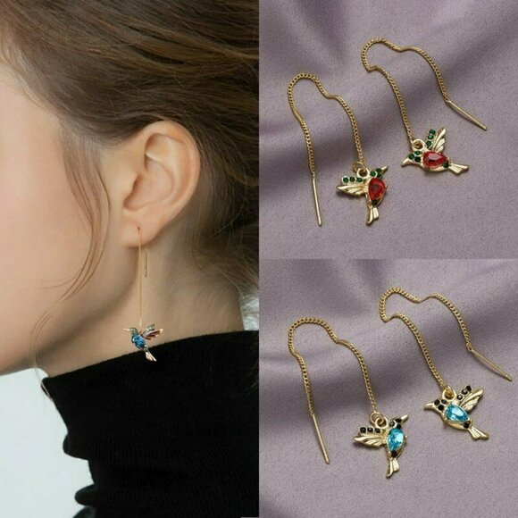 New NWT Pink Red & Green Gold Hummingbird Dangle Drop Chain Pierced Earrings - Picture 2 of 3